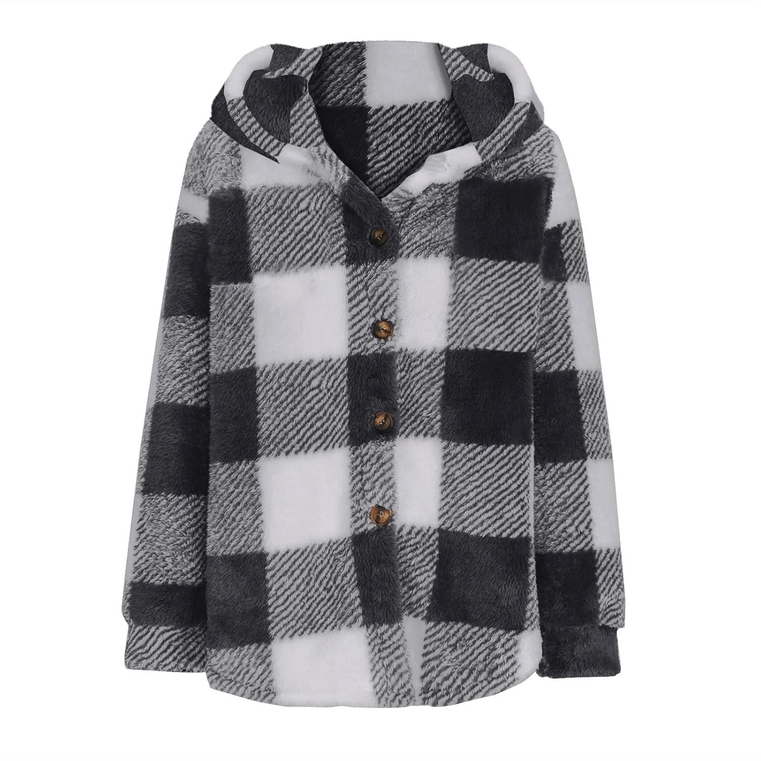 Fashion Plaid Plush Winter Coats for Women Button Hooded Jackets Long Sleeve Pullover Plus Size Shacket Jacket