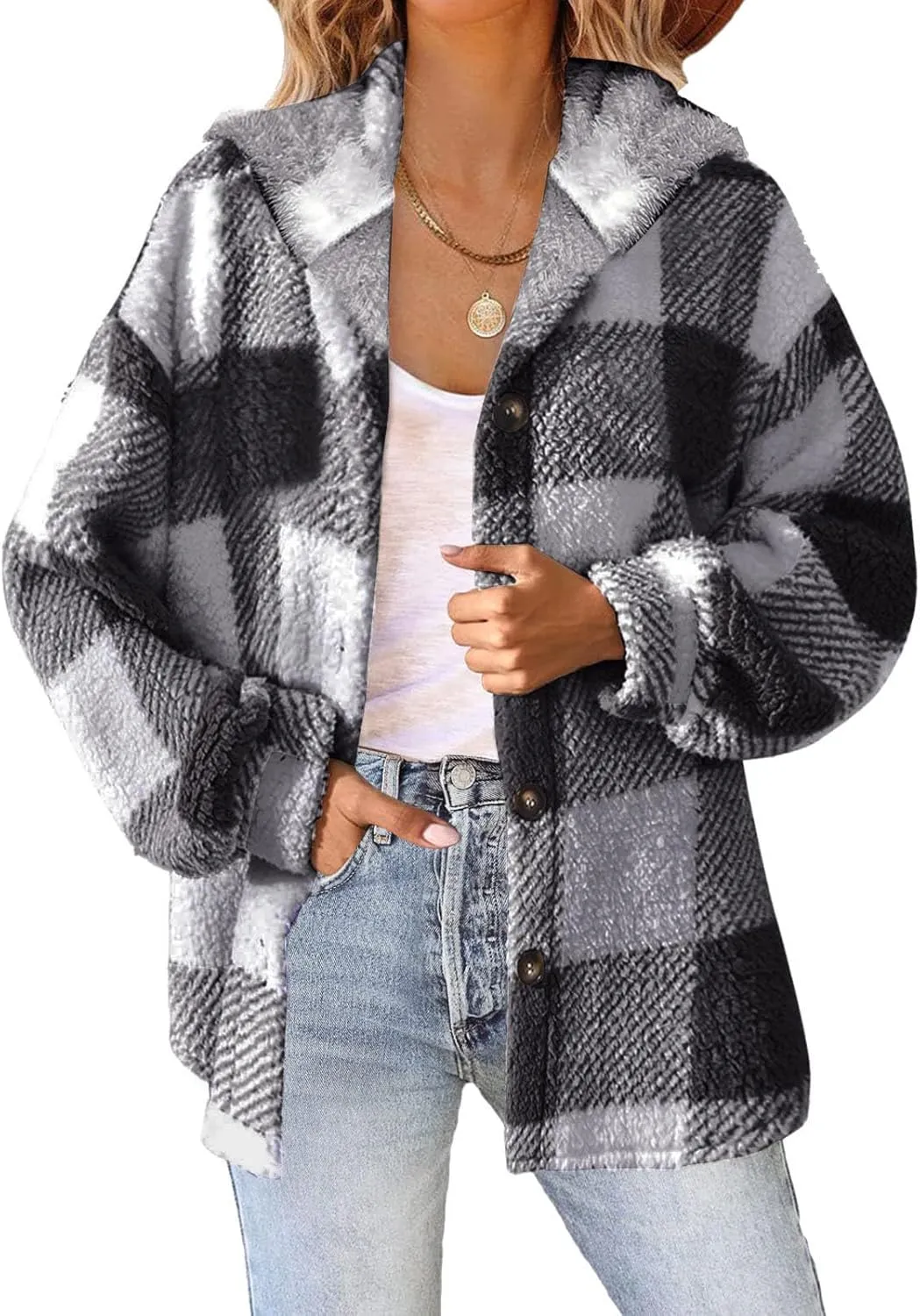 Fashion Plaid Plush Winter Coats for Women Button Hooded Jackets Long Sleeve Pullover Plus Size Shacket Jacket