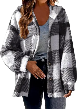 Fashion Plaid Plush Winter Coats for Women Button Hooded Jackets Long Sleeve Pullover Plus Size Shacket Jacket
