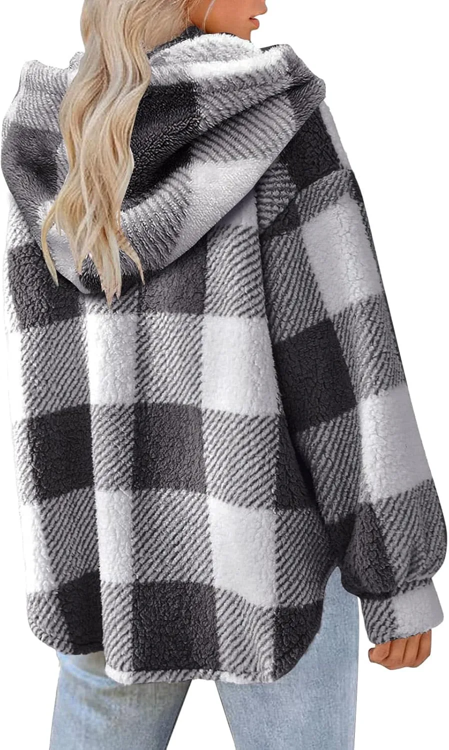 Fashion Plaid Plush Winter Coats for Women Button Hooded Jackets Long Sleeve Pullover Plus Size Shacket Jacket