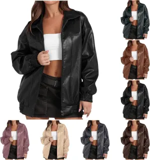 Faux Leather Jacket for Women Lapel Oversized Motorcycle Jacket Zip Up Bomber Coats Winter Fashion 2024 Fall Outfits