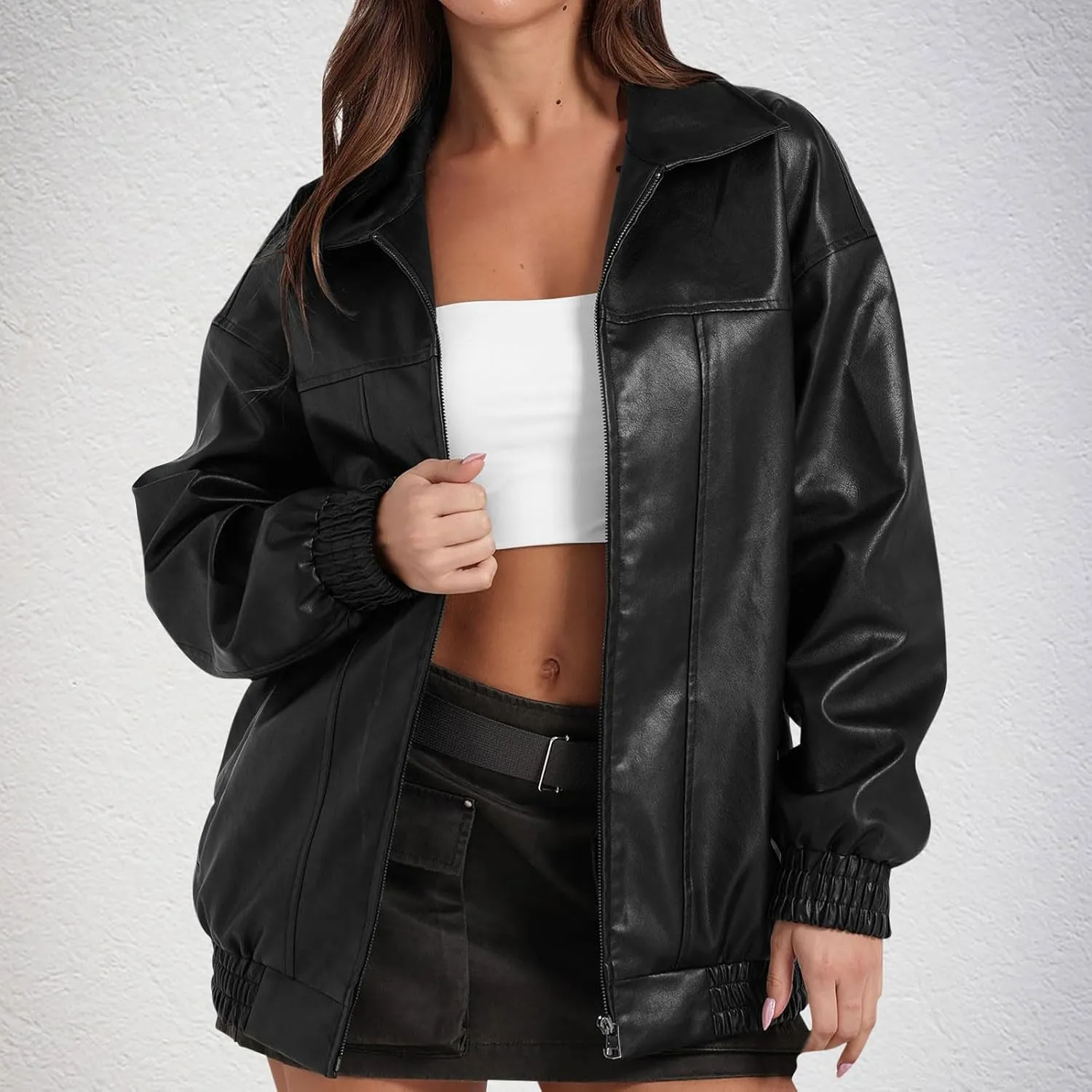 Faux Leather Jacket for Women Lapel Oversized Motorcycle Jacket Zip Up Bomber Coats Winter Fashion 2024 Fall Outfits