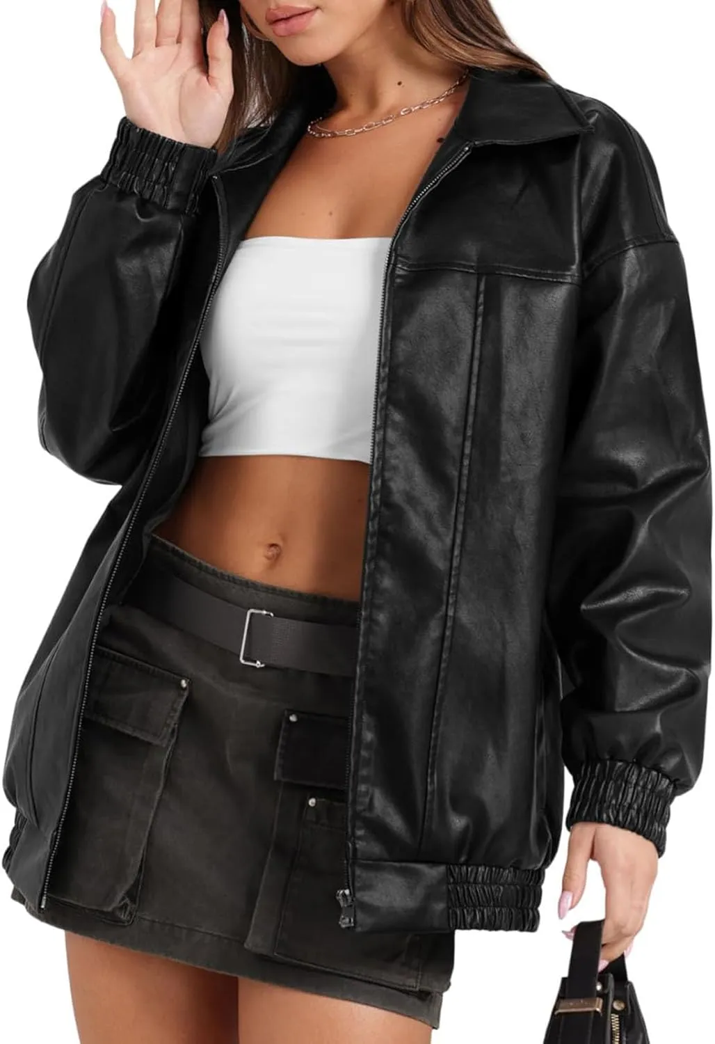 Faux Leather Jacket for Women Lapel Oversized Motorcycle Jacket Zip Up Bomber Coats Winter Fashion 2024 Fall Outfits