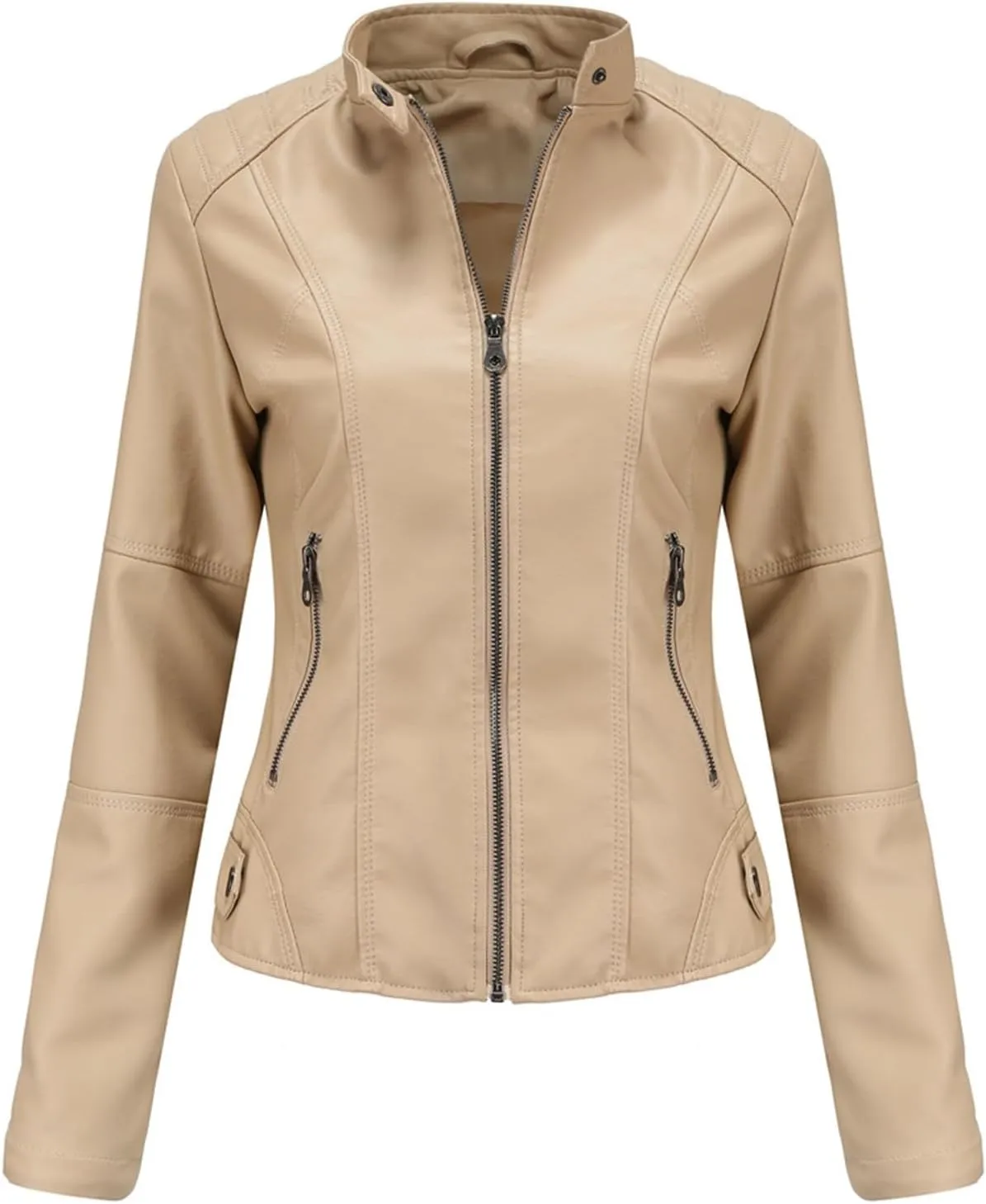 Faux Leather Jackets for Women, Vegan Jackets Moto Biker Motocycle Coat with Stitching Detail