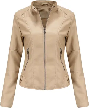 Faux Leather Jackets for Women, Vegan Jackets Moto Biker Motocycle Coat with Stitching Detail