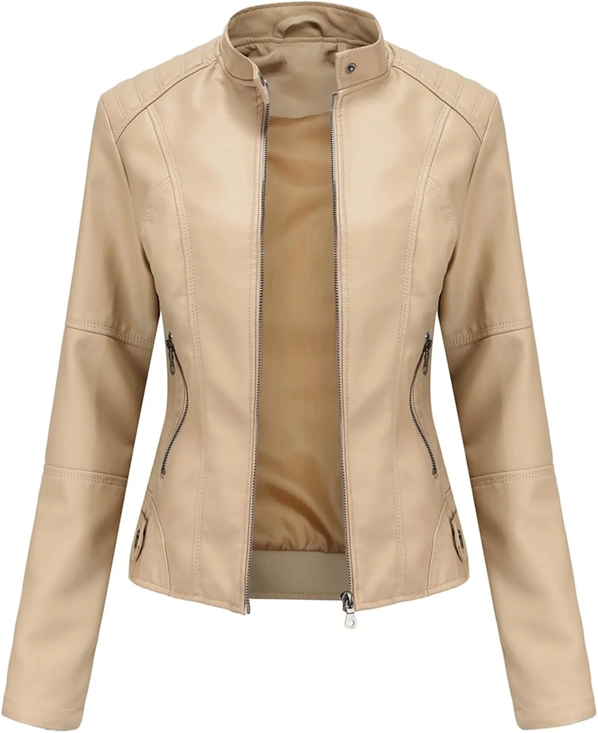 Faux Leather Jackets for Women, Vegan Jackets Moto Biker Motocycle Coat with Stitching Detail