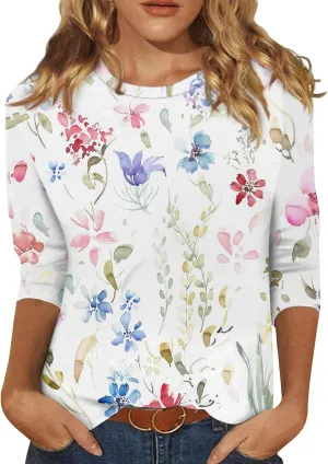 Floral Bee Print Women 3/4 Length Sleeve Tops Shirt Casual Loose T Shirts 2025 Spring Tops for Women