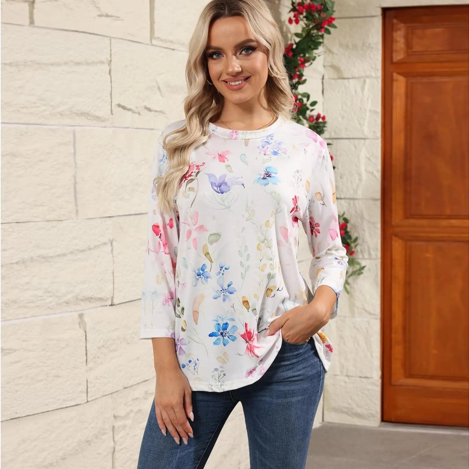 Floral Bee Print Women 3/4 Length Sleeve Tops Shirt Casual Loose T Shirts 2025 Spring Tops for Women