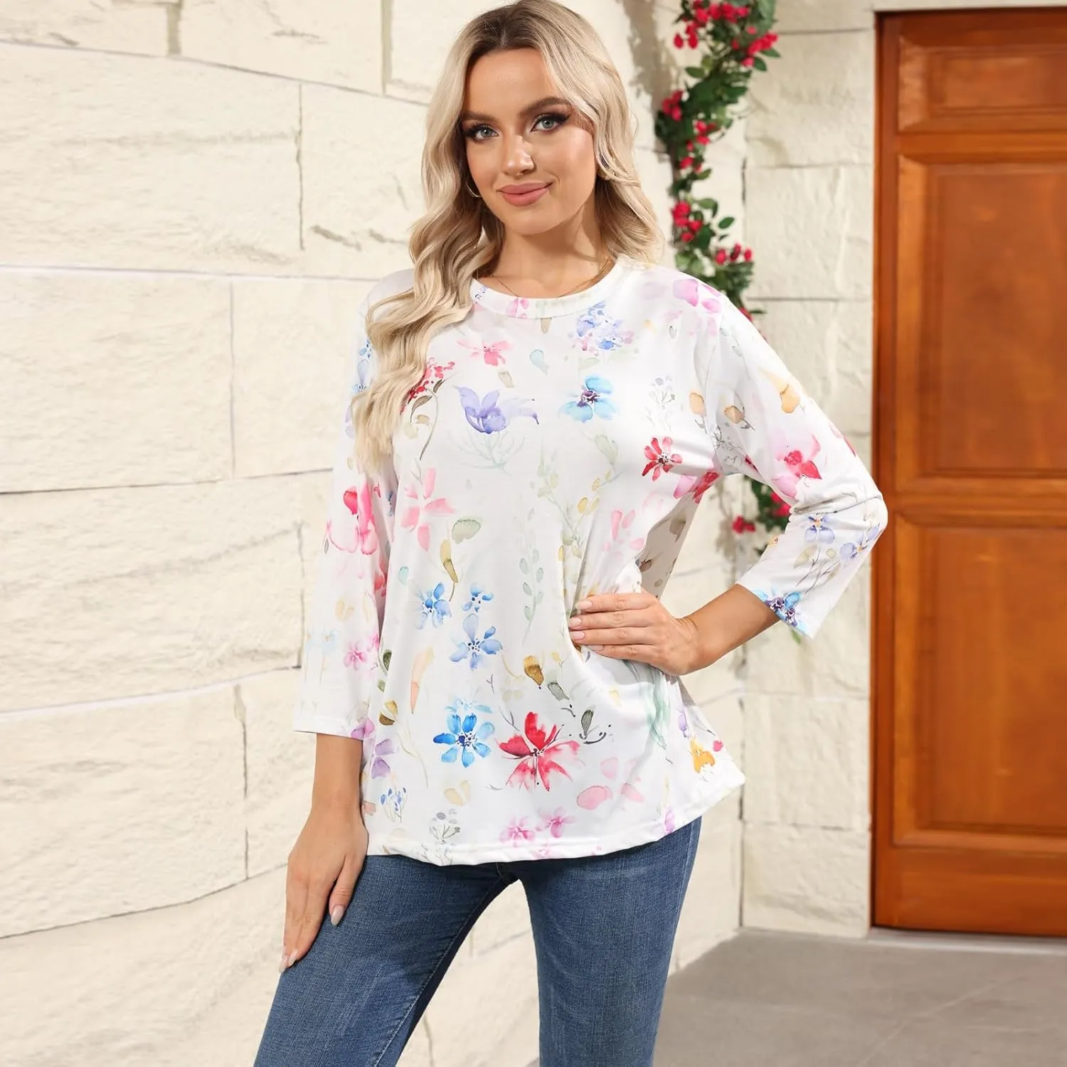 Floral Bee Print Women 3/4 Length Sleeve Tops Shirt Casual Loose T Shirts 2025 Spring Tops for Women