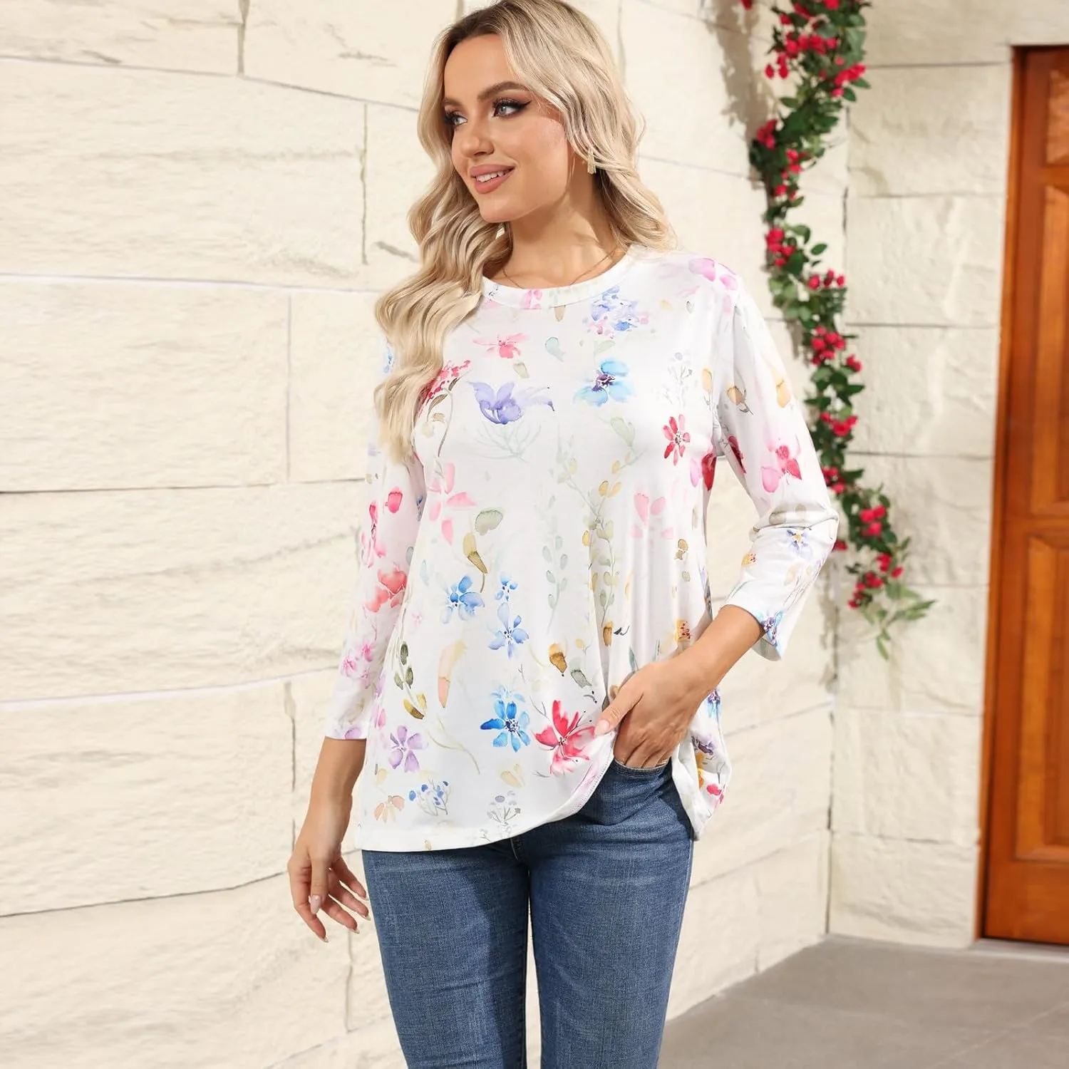 Floral Bee Print Women 3/4 Length Sleeve Tops Shirt Casual Loose T Shirts 2025 Spring Tops for Women