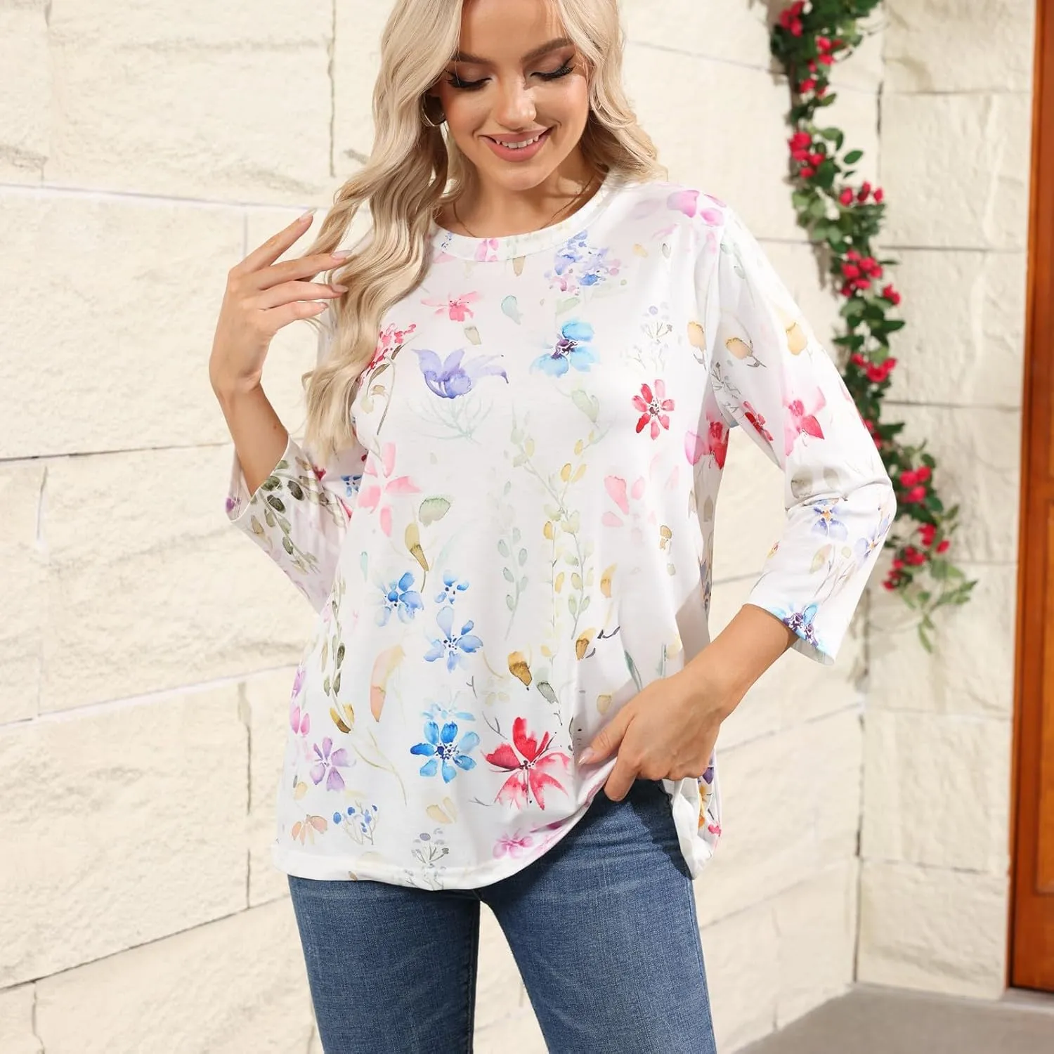 Floral Bee Print Women 3/4 Length Sleeve Tops Shirt Casual Loose T Shirts 2025 Spring Tops for Women