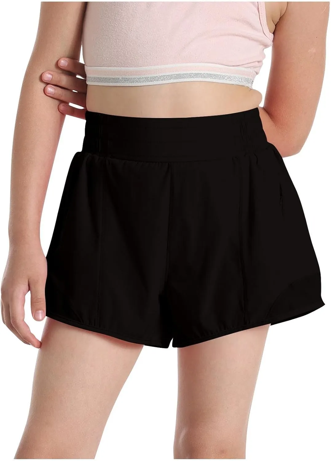 Girls Athletic Shorts Kids Outdoor Running Soccer Gym Shorts Quick Dry High Waisted Activewear with Zipper Pockets