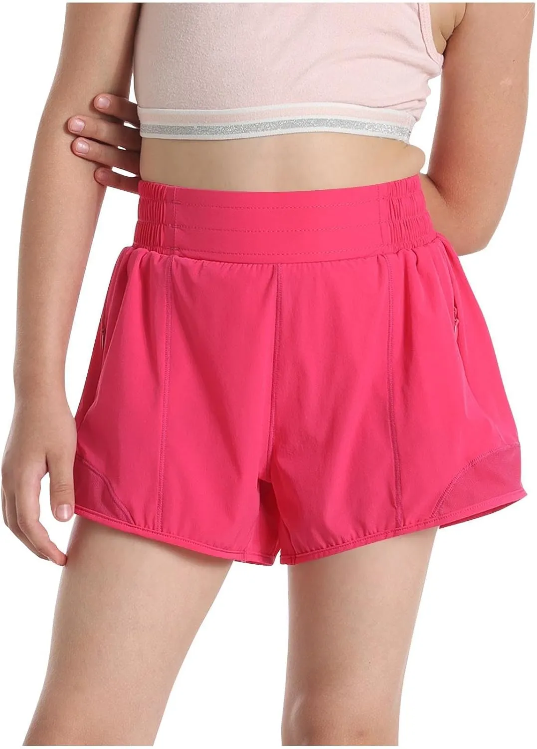 Girls Athletic Shorts Kids Outdoor Running Soccer Gym Shorts Quick Dry High Waisted Activewear with Zipper Pockets