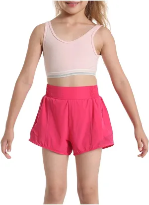 Girls Athletic Shorts Kids Outdoor Running Soccer Gym Shorts Quick Dry High Waisted Activewear with Zipper Pockets