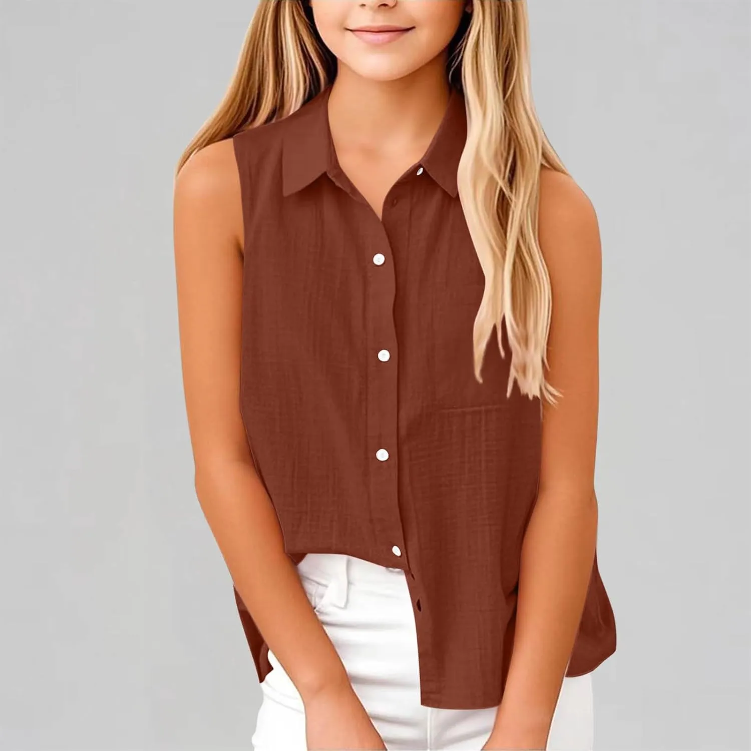 Girls Cotton Linen Shirt Sleeveless Button Up Lapel Collar Solid Color Tank Tops Fashion Casual Boho Vacation Tshirts