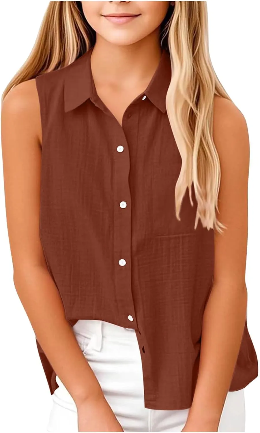 Girls Cotton Linen Shirt Sleeveless Button Up Lapel Collar Solid Color Tank Tops Fashion Casual Boho Vacation Tshirts