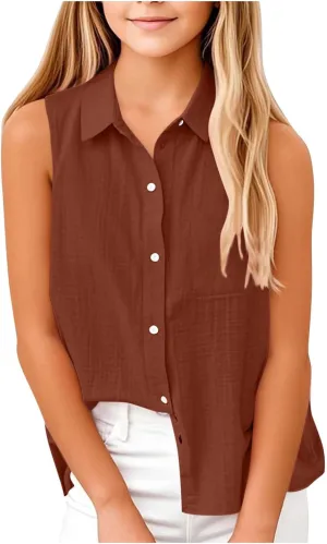 Girls Cotton Linen Shirt Sleeveless Button Up Lapel Collar Solid Color Tank Tops Fashion Casual Boho Vacation Tshirts