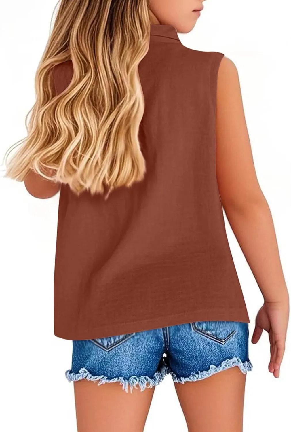Girls Cotton Linen Shirt Sleeveless Button Up Lapel Collar Solid Color Tank Tops Fashion Casual Boho Vacation Tshirts