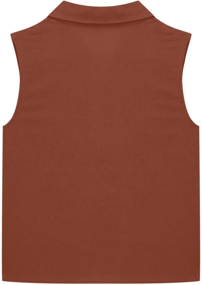 Girls Cotton Linen Shirt Sleeveless Button Up Lapel Collar Solid Color Tank Tops Fashion Casual Boho Vacation Tshirts