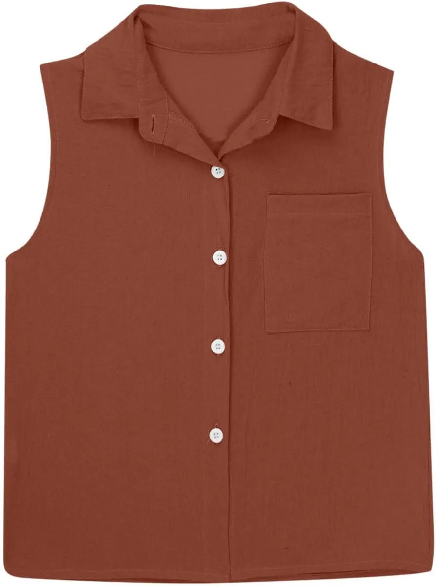 Girls Cotton Linen Shirt Sleeveless Button Up Lapel Collar Solid Color Tank Tops Fashion Casual Boho Vacation Tshirts