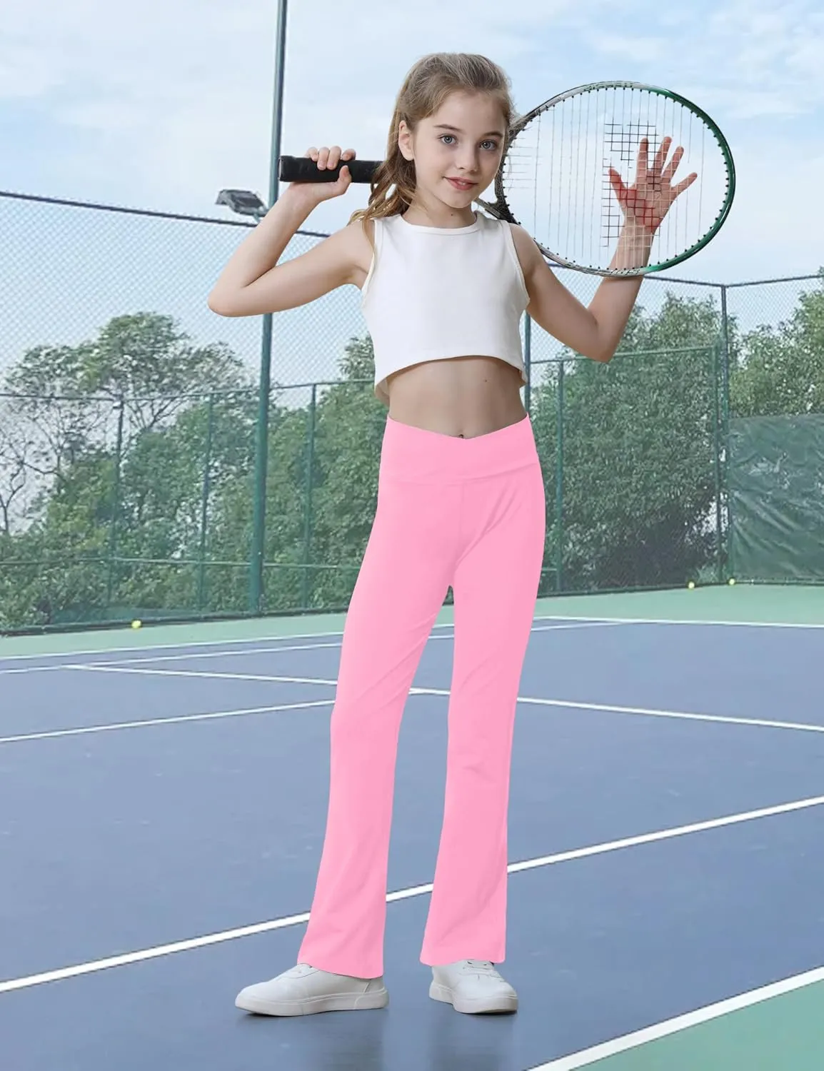 Girls Flare Leggings Black Pink Crossover High Waisted Workout Running Dance Bootleg Yoga Pants