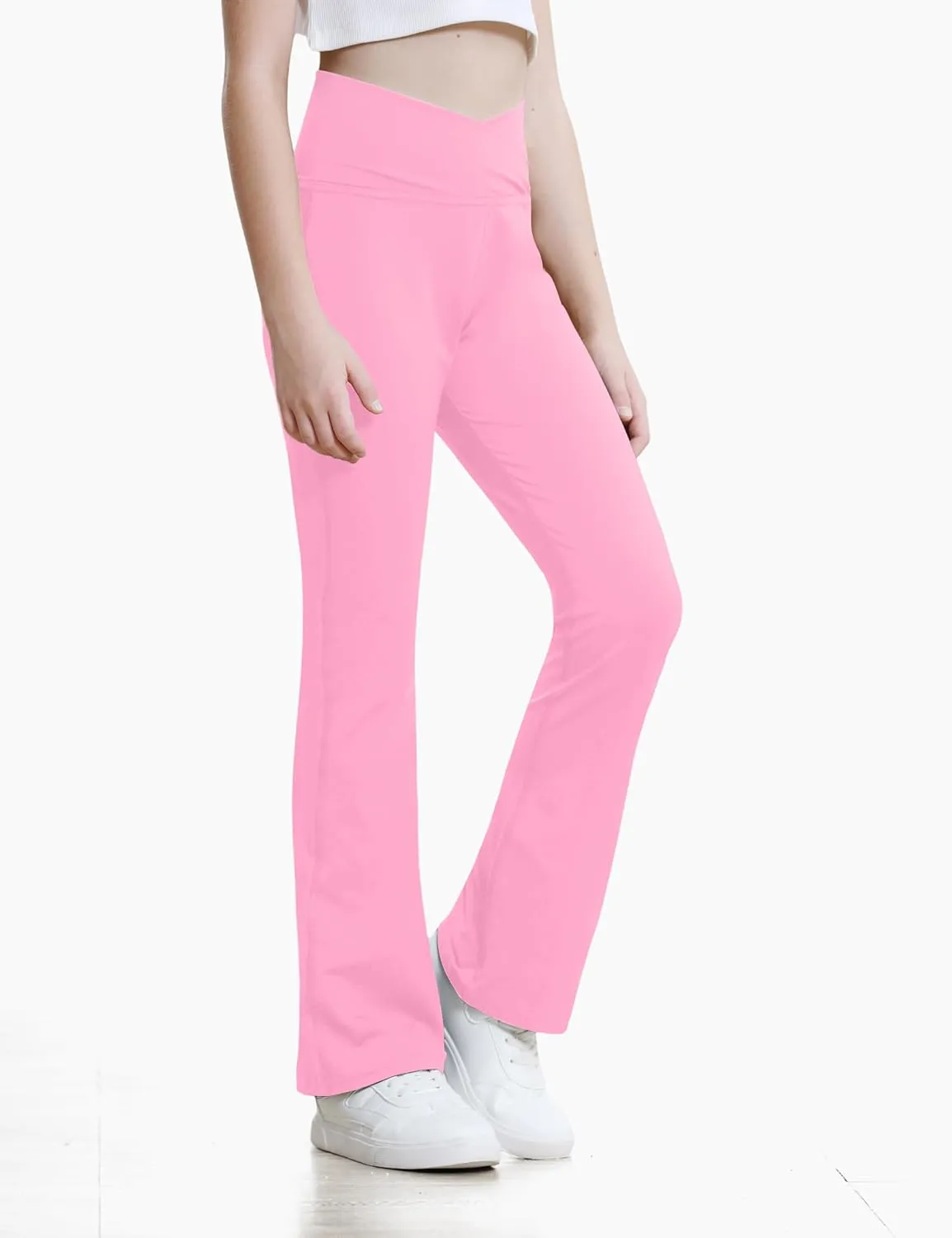 Girls Flare Leggings Black Pink Crossover High Waisted Workout Running Dance Bootleg Yoga Pants