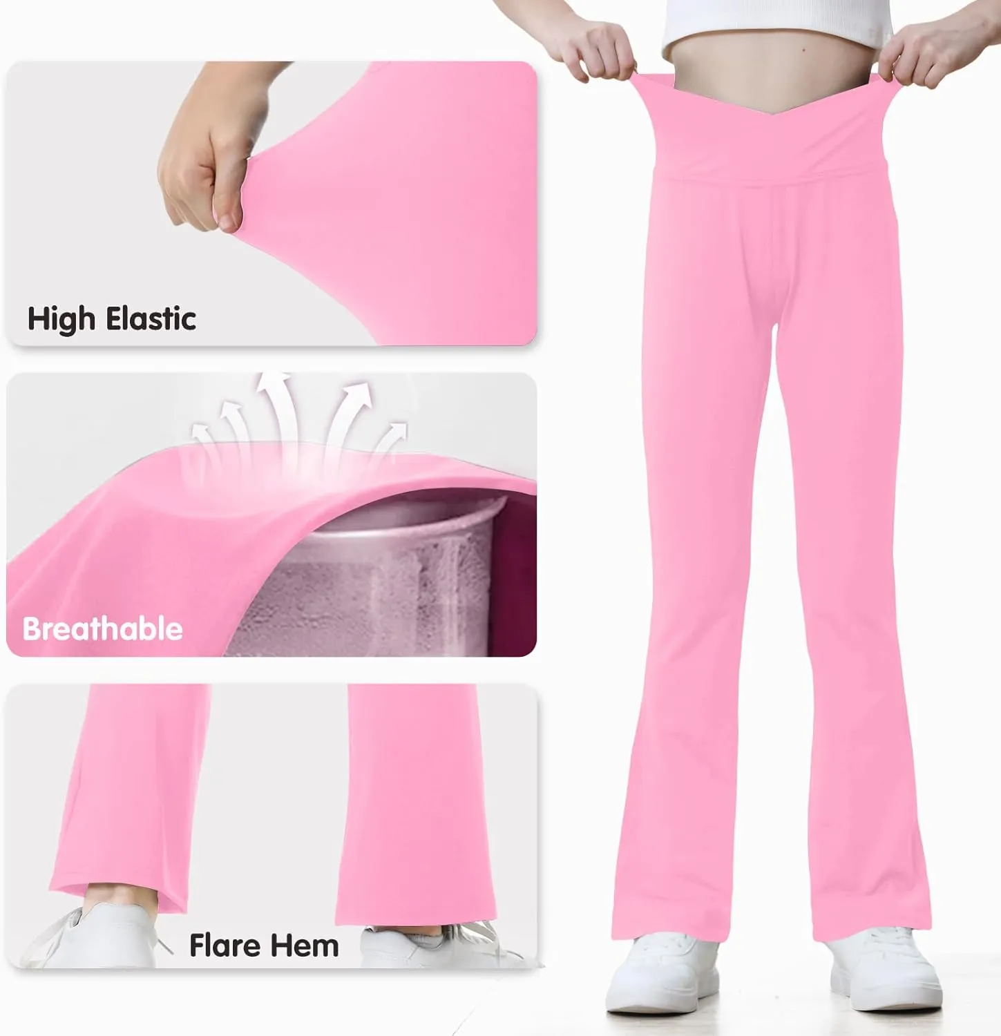 Girls Flare Leggings Black Pink Crossover High Waisted Workout Running Dance Bootleg Yoga Pants