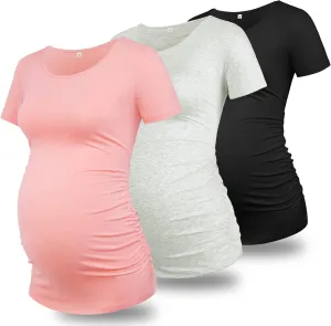 GLAMIX Maternity Shirts for Women Short Sleeve Tops Summer Clothes 3 Packs Cotton T Shirt Mama Basics Pregnancy Tees