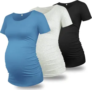 GLAMIX Maternity Shirts for Women Short Sleeve Tops Summer Clothes 3 Packs Cotton T Shirt Mama Basics Pregnancy Tees