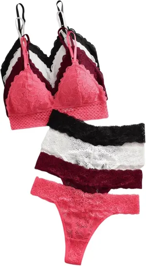 GORGLITTER Women's 8 Piece Sexy Lace Lingerie Matching Bralette Bra and Panty Set