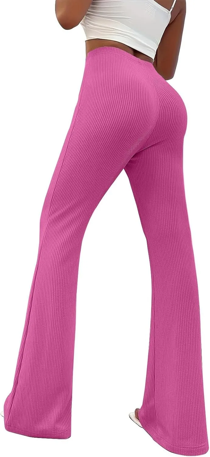 Gumipy Flare Yoga Pants for Women Ribbed High Waisted Tummy Control Leggings Trendy Slim Fit Bell Bottoms Workout Pants