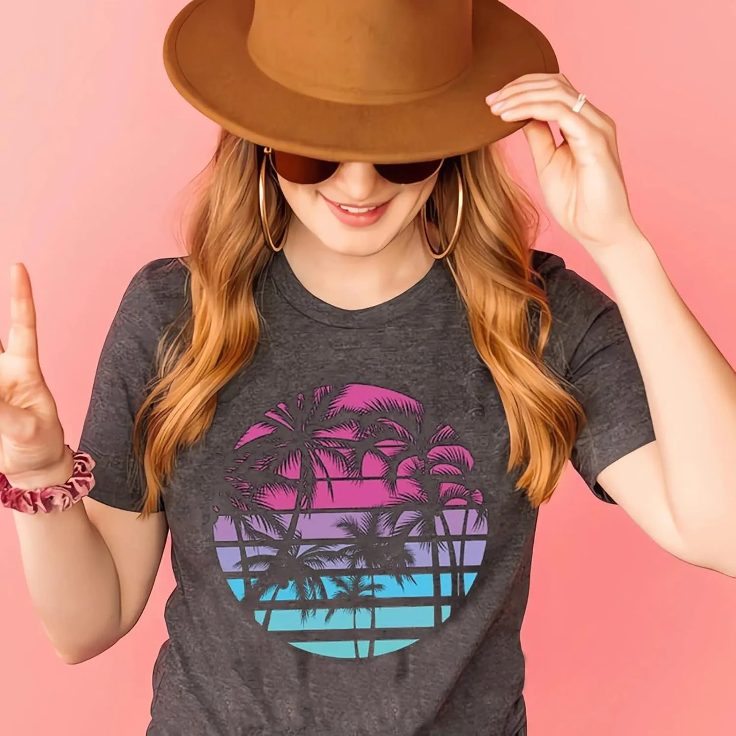 Hawaiian Shirts for Women Palm Trees Beach Graphic Tee Tops Summer Vacation Short Sleeve Tshirt Tops