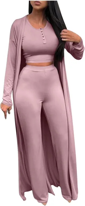 HGps8w Women's 3 Piece Outfits - Long Sleeve Open Front Extra Long Cardigan and Crop Tank Top with Long Pants Loungewear Set