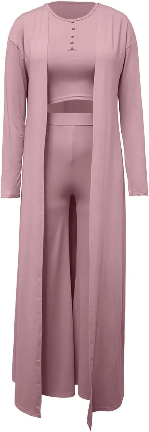 HGps8w Women's 3 Piece Outfits - Long Sleeve Open Front Extra Long Cardigan and Crop Tank Top with Long Pants Loungewear Set