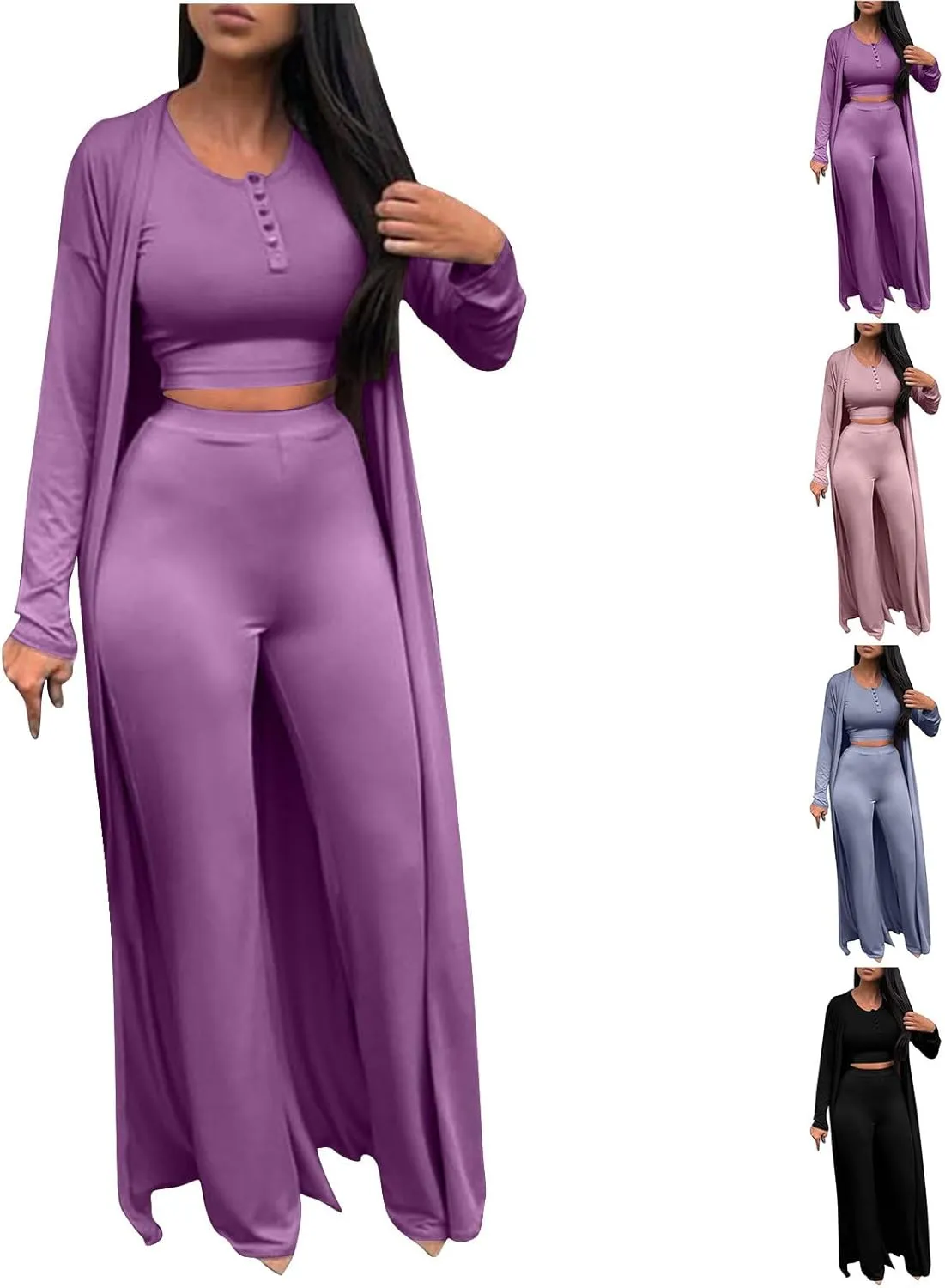 HGps8w Women's 3 Piece Outfits - Long Sleeve Open Front Extra Long Cardigan and Crop Tank Top with Long Pants Loungewear Set