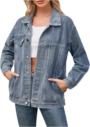 HGps8w Women's Denim Jackets Button Down Long Sleeve Basic Trendy 2025 Fall Trucker Jackets
