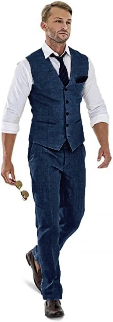 High-End Suits Casual Linen Beige Men's 2 Piece Suits Wedding Suits Slim Fit Groomsmen Tuxedos Summer Linen Vest Pant