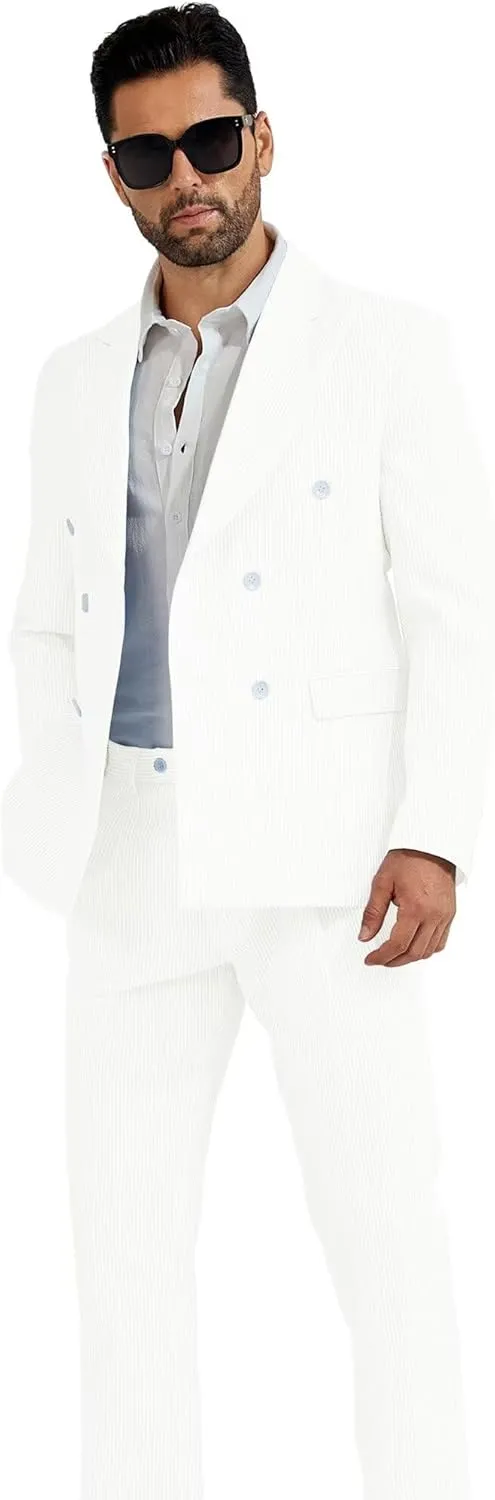 High-End Suits Men's Striped Seersucker Suits 2 Piece Slim Fit Wedding Double Breasted Tuxedo Summer Beach Suits Sets