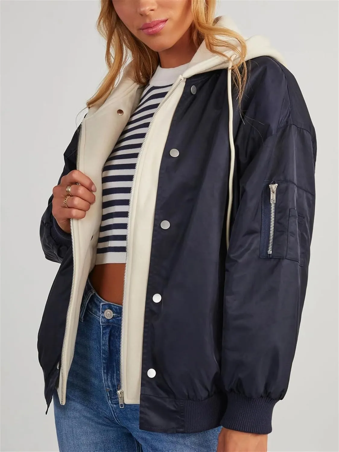 HOULENGS Women's Winter Hooded Long Sleeve Bomber Jacket Zipper Sherpa Fleece Lined Coat Outwear with Pockets