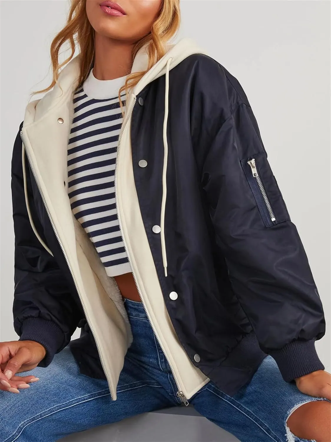 HOULENGS Women's Winter Hooded Long Sleeve Bomber Jacket Zipper Sherpa Fleece Lined Coat Outwear with Pockets