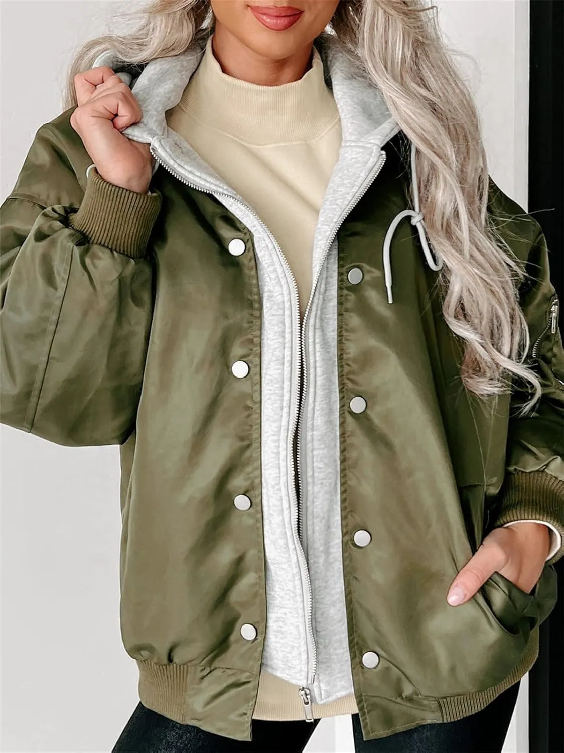 HOULENGS Women's Winter Hooded Long Sleeve Bomber Jacket Zipper Sherpa Fleece Lined Coat Outwear with Pockets