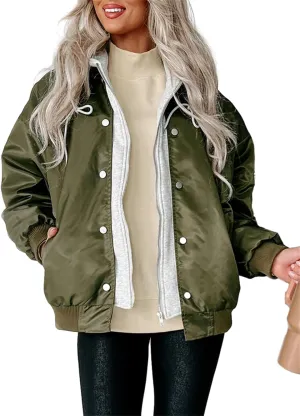 HOULENGS Women's Winter Hooded Long Sleeve Bomber Jacket Zipper Sherpa Fleece Lined Coat Outwear with Pockets
