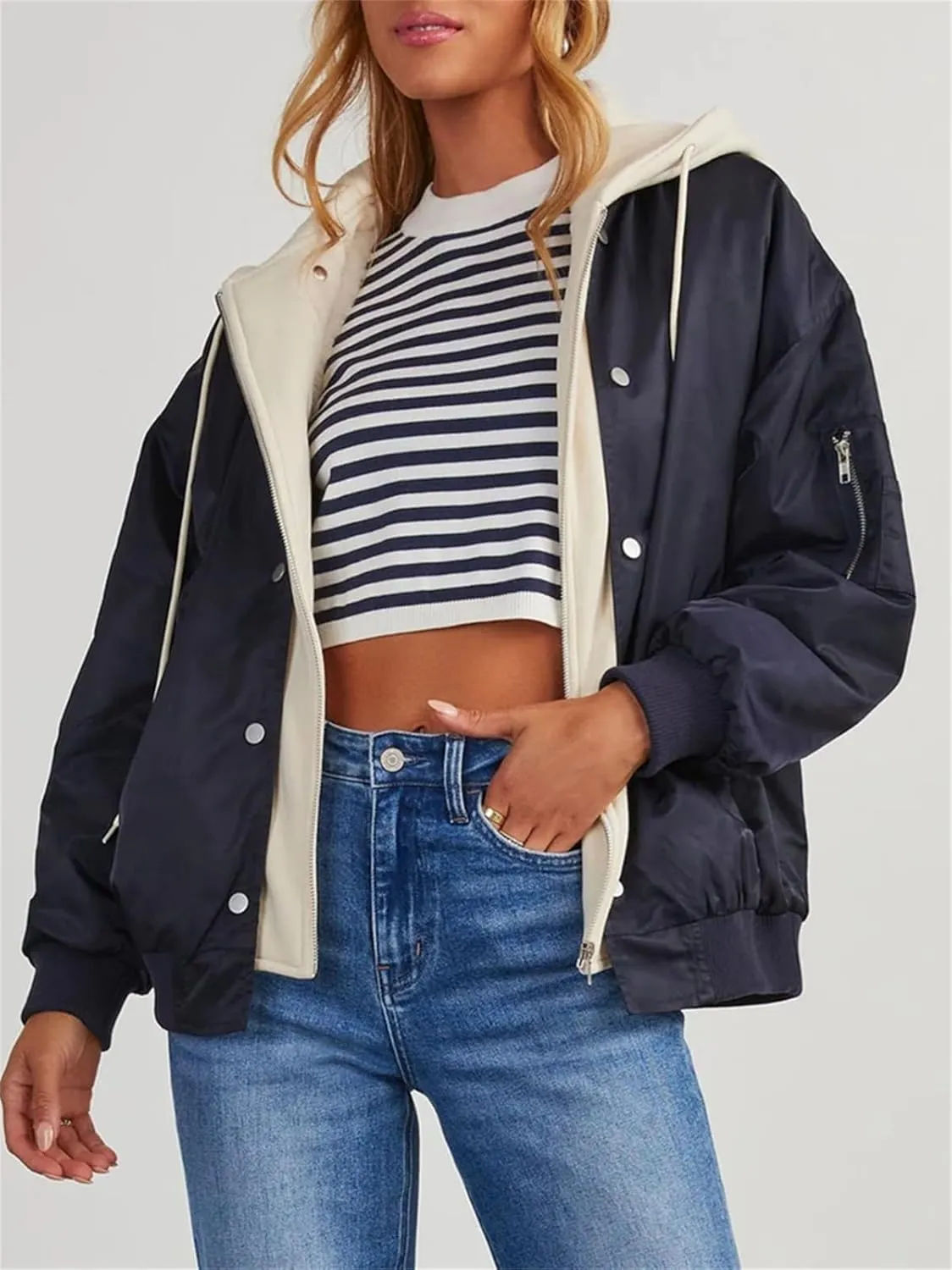 HOULENGS Women's Winter Hooded Long Sleeve Bomber Jacket Zipper Sherpa Fleece Lined Coat Outwear with Pockets