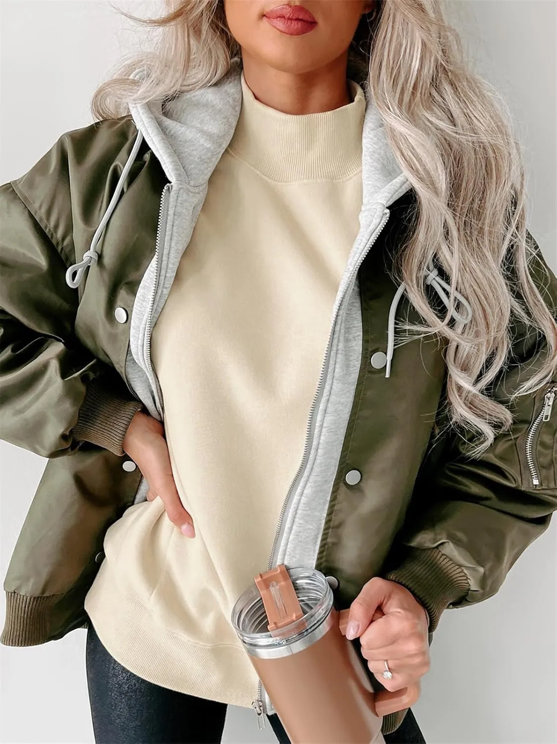HOULENGS Women's Winter Hooded Long Sleeve Bomber Jacket Zipper Sherpa Fleece Lined Coat Outwear with Pockets