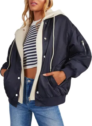 HOULENGS Women's Winter Hooded Long Sleeve Bomber Jacket Zipper Sherpa Fleece Lined Coat Outwear with Pockets