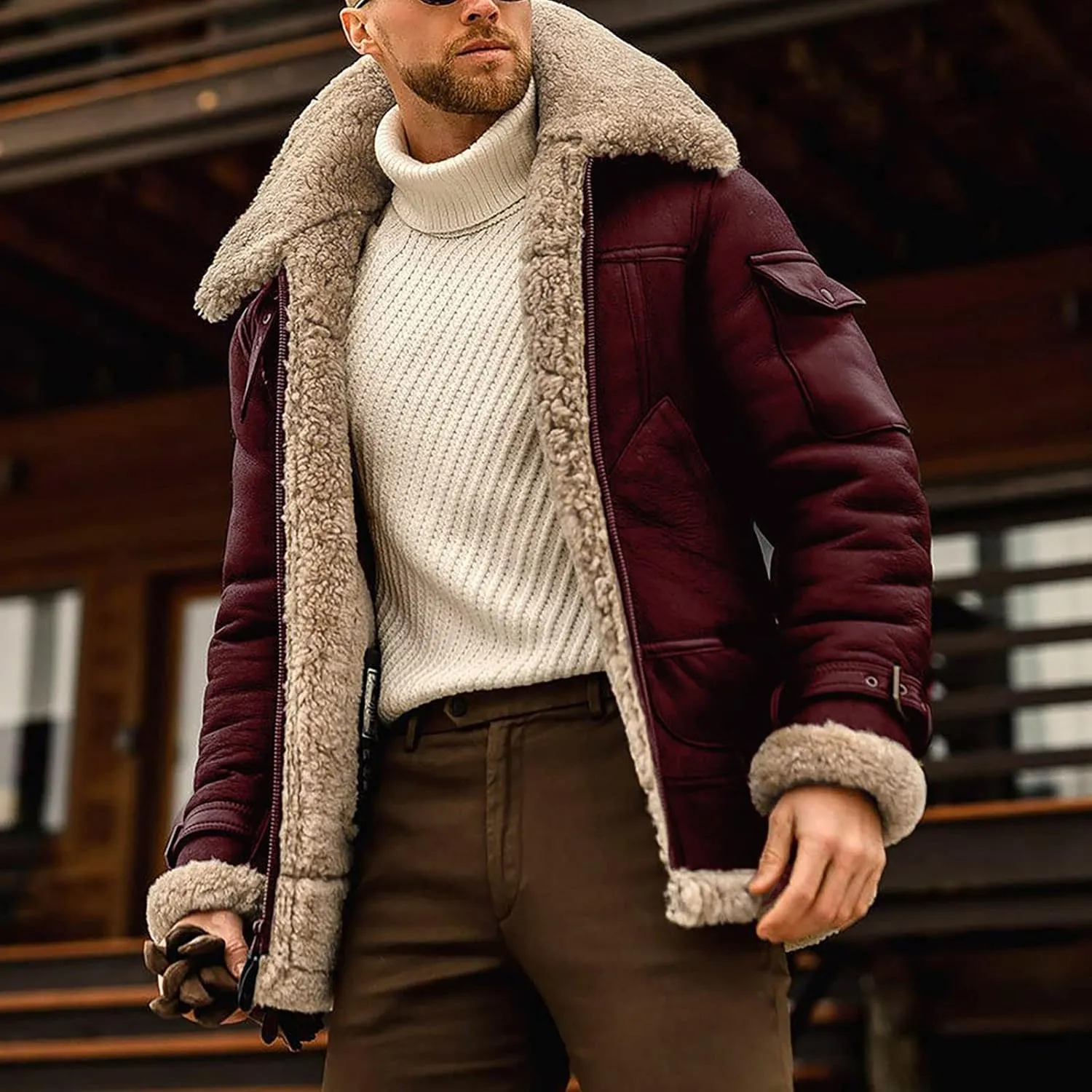 Jackets for Men Men's Thickened Long Sleeves Coat Faux Leather Fleece Jacket Outerwear Mens Jackets