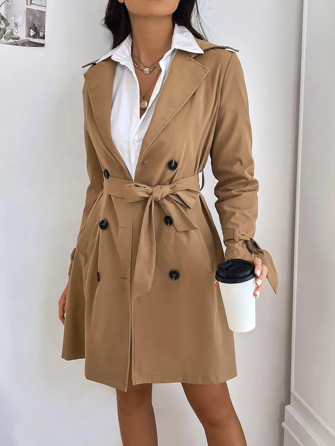 Jackets for Women Jackets - Double Breasted Belted Trench Coat (Color : Khaki, Size : Small)