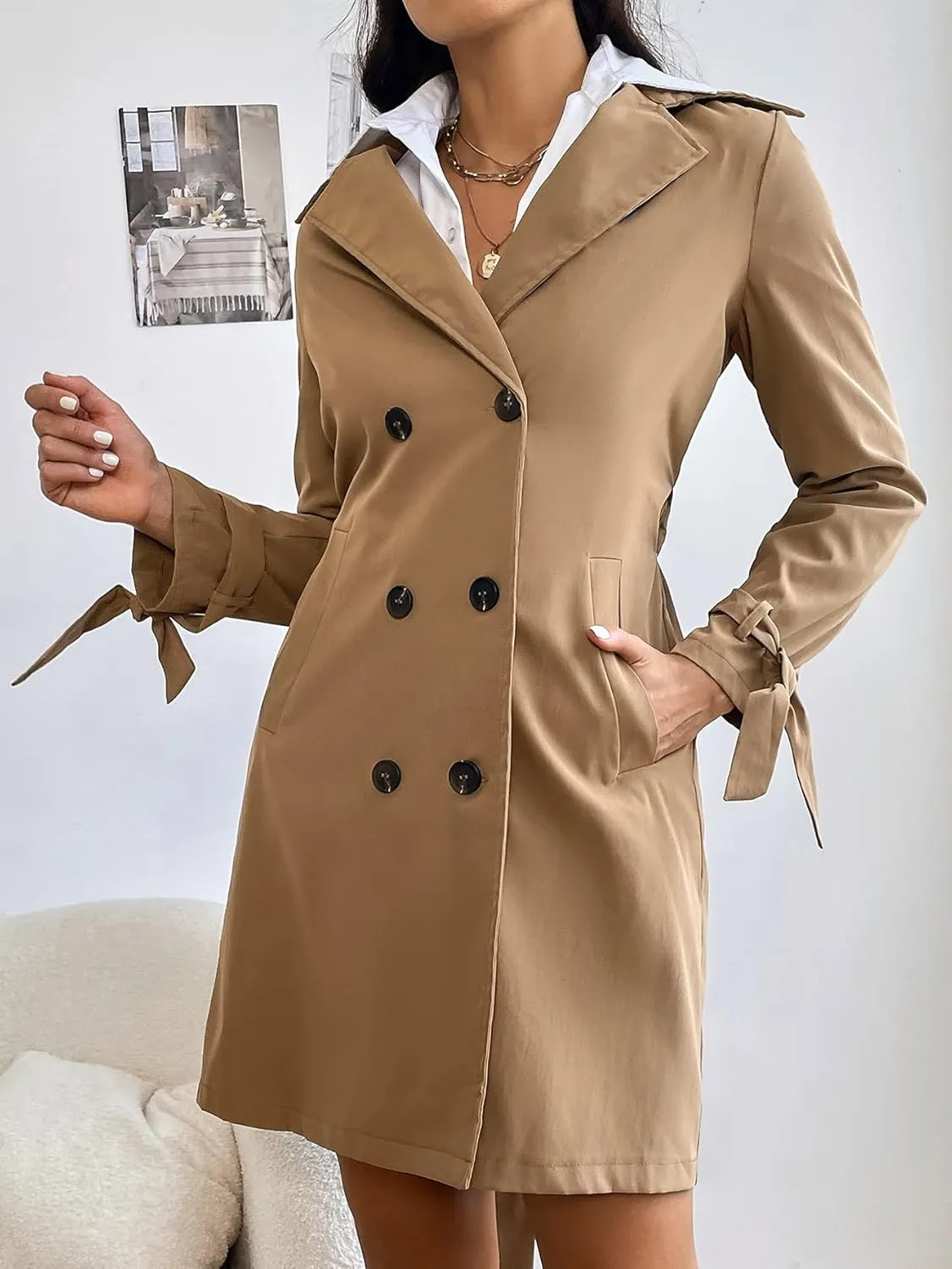 Jackets for Women Jackets - Double Breasted Belted Trench Coat (Color : Khaki, Size : Small)