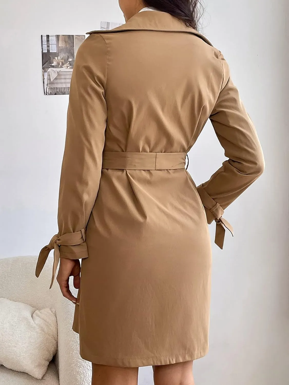 Jackets for Women Jackets - Double Breasted Belted Trench Coat (Color : Khaki, Size : Small)