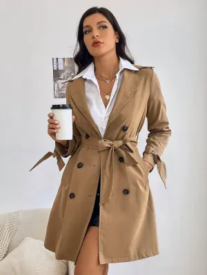 Jackets for Women Jackets - Double Breasted Belted Trench Coat (Color : Khaki, Size : Small)